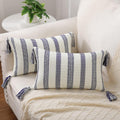 Smile Bee Boho Outdoor Couch Throw Pillow Covers Set of 2 Decorative Lumbar Thick Woven Striped Accent Neutral Pillow Covers with Tassels for Bed Sofa Home Decor 12x20 Inch, Navy Blue and Cream White