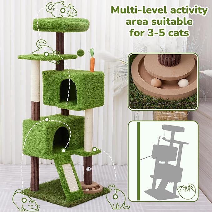 55in Tall Cat Tree Tower with Cat Toys for Indoor Multi-Level Cozy Large Cat Tree with Condo Top Perch and Sisal Scratching Posts, Green Cat Tower for Kitty and Adult Cats