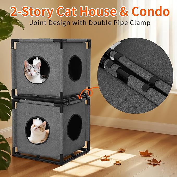 2-Story Cat House for Indoor Cats - Large Cat Cave Bed with Soft Velvet Pad and Fluffy Ball，Stable and Easy to Assemble Kitty Fort, Muti-Functional Cat Condo， Grey