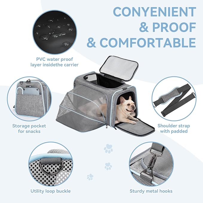 Petsfit Expandable Pet Carrier, 19x12x12 inches Soft-Sided Portable Cat Carrier Dog Carrier, with Removable Plush Mat, Locking Safety Zippers and Pockets