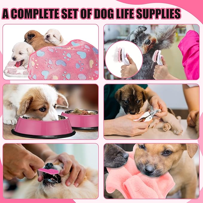 Abbylike 50 Pcs Puppy Supplies Starter Kit for Small Dogs Puppy Essentials Includes Leash, Bowls, Teeth Brushes, Water Bottle, and More Accessories for Dogs Christmas Welcome Gift(Pink)