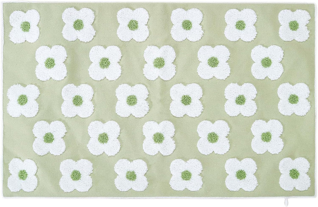 DECOBIRD Embroidery Throw Pillow Cover 12x20 Light Green Floral Design Home Decor Loop Embroidered Pillow Case Thick Cotton Canvas Square Cushion Cover for Couch 30x50cm, 4 Petal Flowers 1 Piece