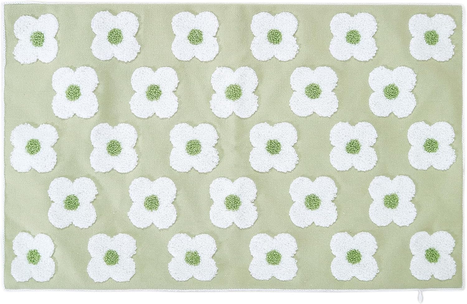 DECOBIRD Embroidery Throw Pillow Cover 12x20 Light Green Floral Design Home Decor Loop Embroidered Pillow Case Thick Cotton Canvas Square Cushion Cover for Couch 30x50cm, 4 Petal Flowers 1 Piece