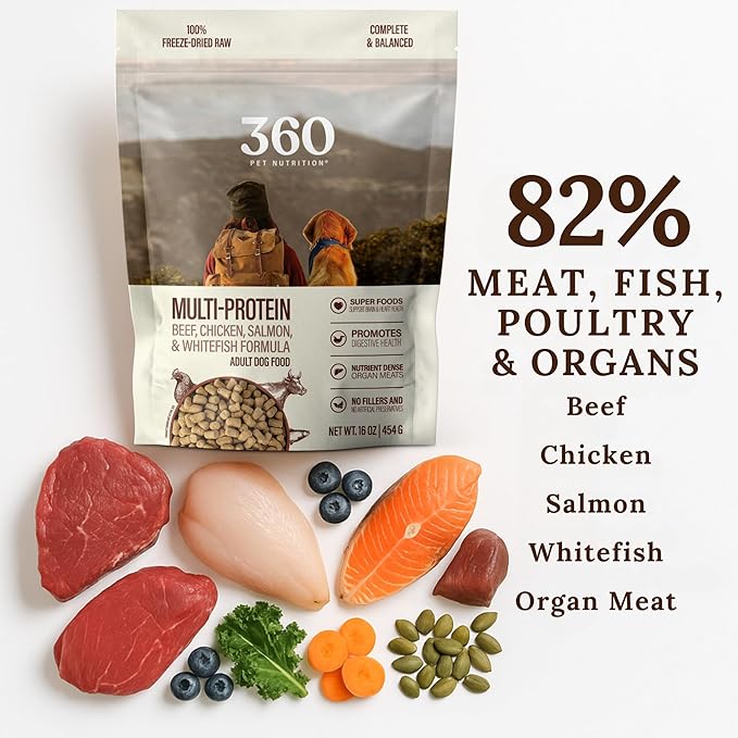 360 Pet Nutrition Freeze-Dried Raw Dog Food – Multi-Protein with Beef, Chicken, Fish, Liver & Organs, High Protein, Omega-3s, Fruits, Veggies & Superfoods, Grain-Free, No Fillers, 5 oz – Made in USA