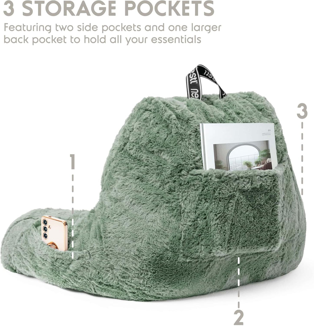 Nestl Fur Reading Pillow, Stylish Back Pillow for Bed Sitting Up, Faux Fur Bed Chair Pillow with Arms, Reading Pillows for Sitting in Bed Adult & Kids, Back Support Pillow for Bed Rest - Sage Green