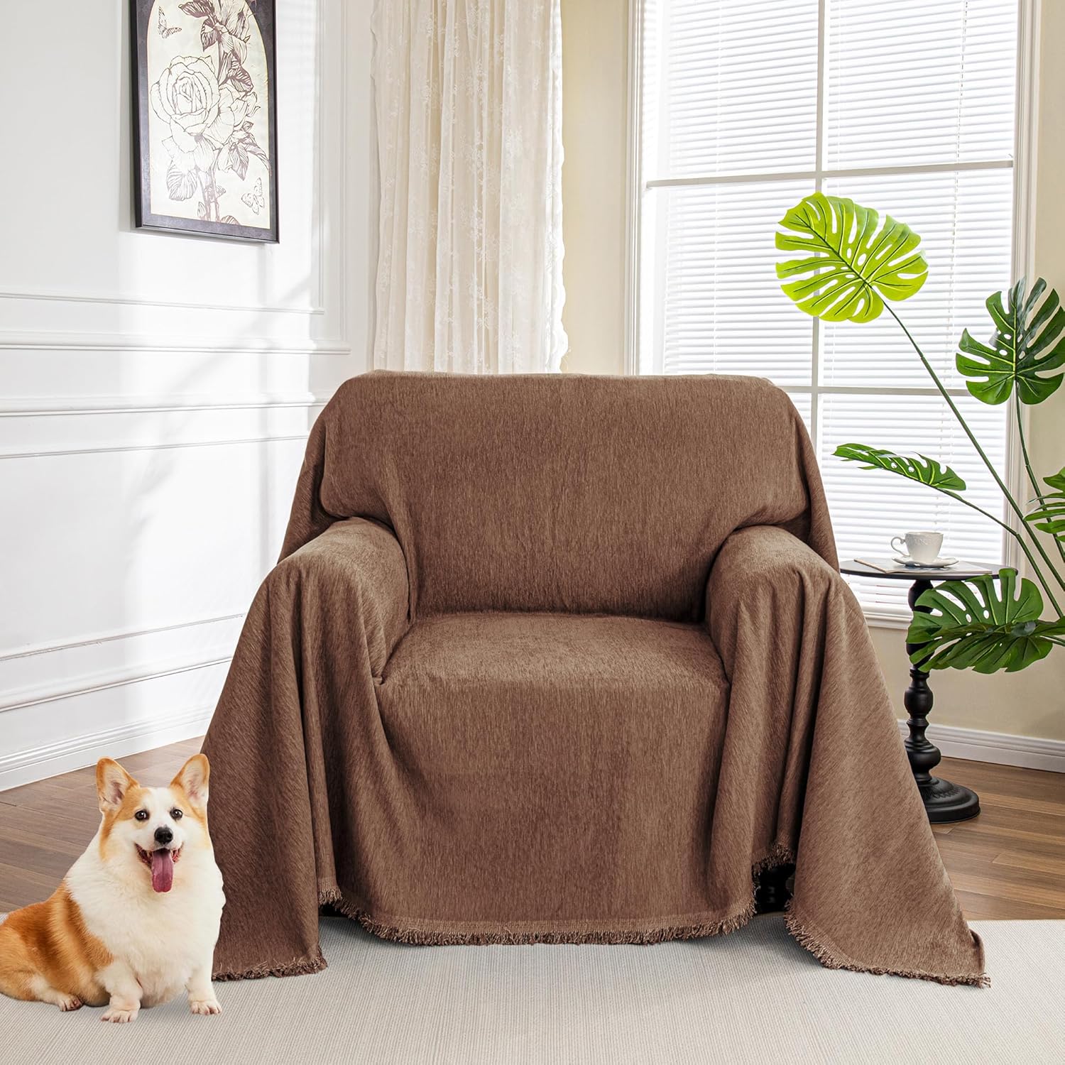 MYSKY HOME Chair Couch Covers Sectional Couch Covers for Pet Sofa Covers Non Slip Soft Couch Sofa Cover, Washable Furniture Protector Sofa Slipcover with Tassel Sofa Throws, 71"x91", Chocolate
