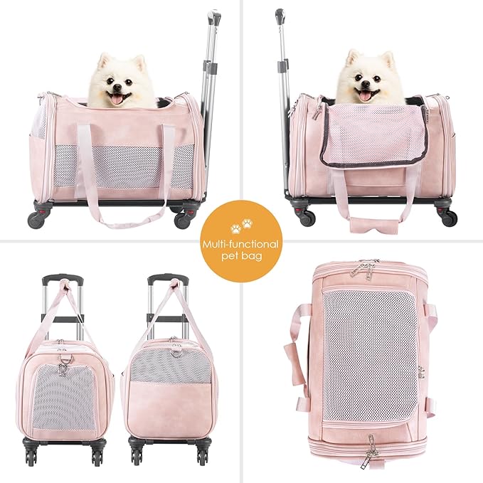 Airline Approved Pet Carrier with Wheels, Rolling Soft Sided Dog Cat Travel Bag, Premium Fashion Leather Small Pet Carrier Purse for Puppies and Cats Pink