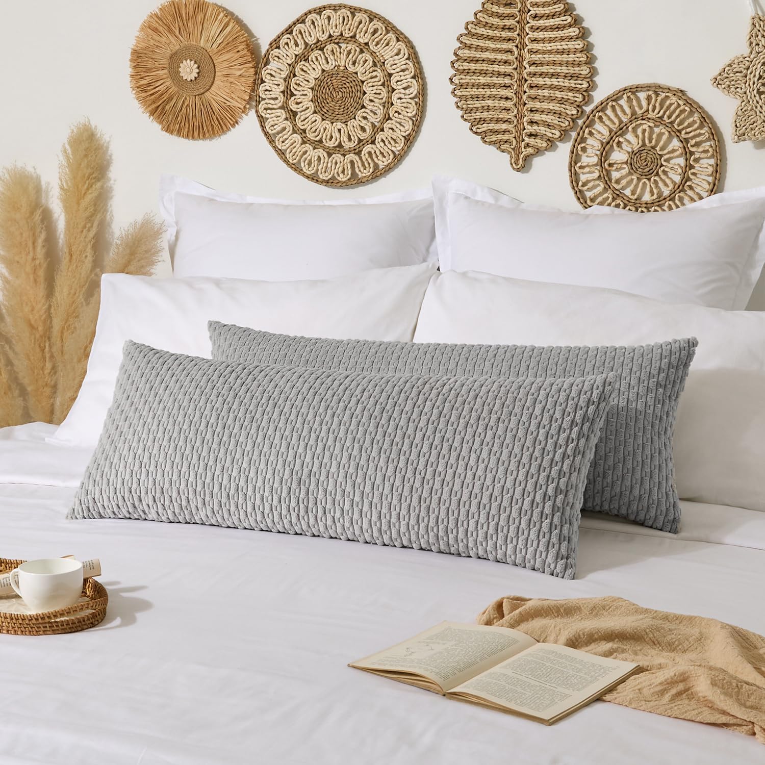 Kevin Textile 14x36 Inch Long Lumbar 1 Pack Boho Decorative Throw Pillow Cover Soft Striped Corduroy Rectangle Cushion Case Farmhouse Solid Color Accent for Living Room Couch Sofa Bed, Light Grey