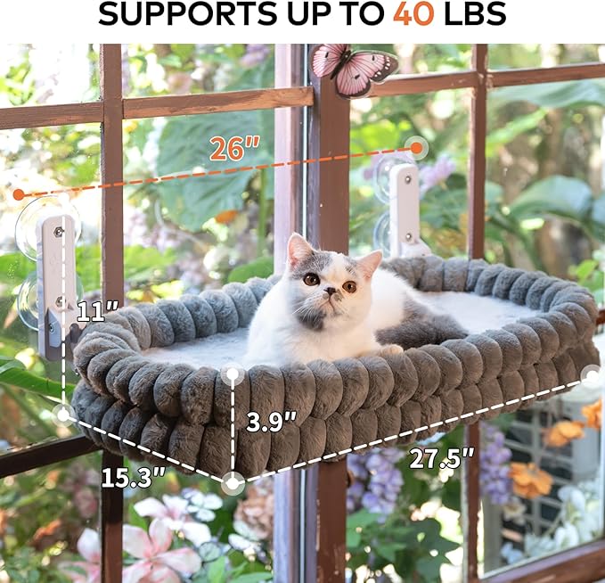 CHEERPALS Cat Window Perch for Indoor Cats Hammock for Window with Reversible Cushion, Foldable Cat Window Bed for Large Cats and Kittens(Grey,Large)