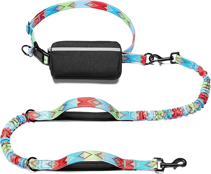 iYoShop Hands Free Dog Leash with Zipper Pouch, Dual Padded Handles and Durable Bungee for Walking, Jogging and Running Your Dog (Colorful Rhombus, Large)