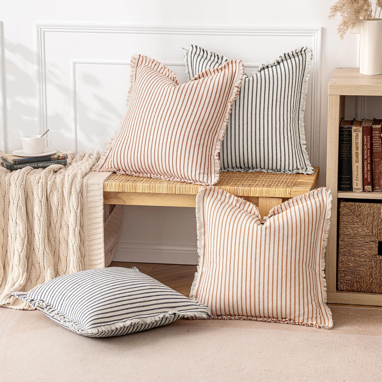 MIULEE Pack of 2 Rust Pillow Covers 18x18 Inch Striped Farmhouse Couch Throw Pillow Covers with Fringe Chic Linen Decorative Cushion Covers for Sofa Living Room Bed Outdoor Home Decor