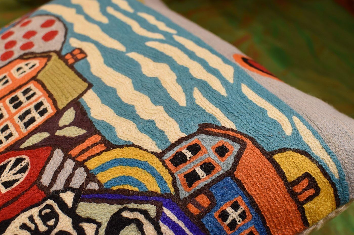 Blue Coastal Throw Pillow Cover | Karla Gerard Seaside Cat Pillow | Folklore Pillowcase | Nautical Chair Cushion | Flower Couch Pillow | Hand Embroidered Cushions Wool Size - 18x18