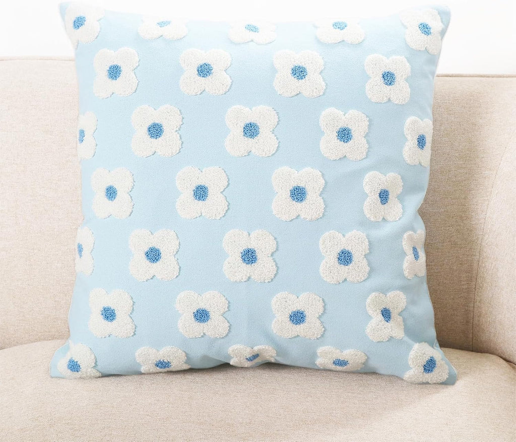 DECOBIRD Embroidery Throw Pillow Cover 20x20 Light Blue Floral Design Home Decor Loop Embroidered Pillow Case Thick Cotton Canvas Square Cushion Cover for Couch 50x50cm, 4 Petal Flowers 1 Piece