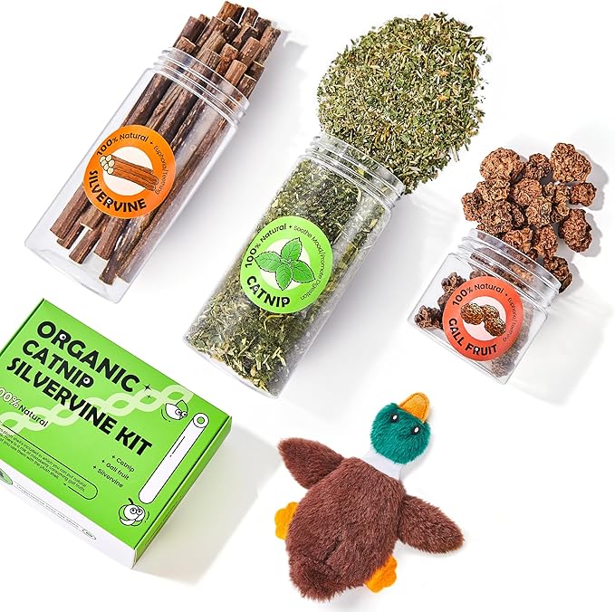 Potaroma Natural Catnip Silvervine Gall Fruit Cat Toys Set with Plush Shell, Organic Kitten Toys for Relaxing and Teething, Interactive Cat Kicker Set (2.2" Dia Tubes)
