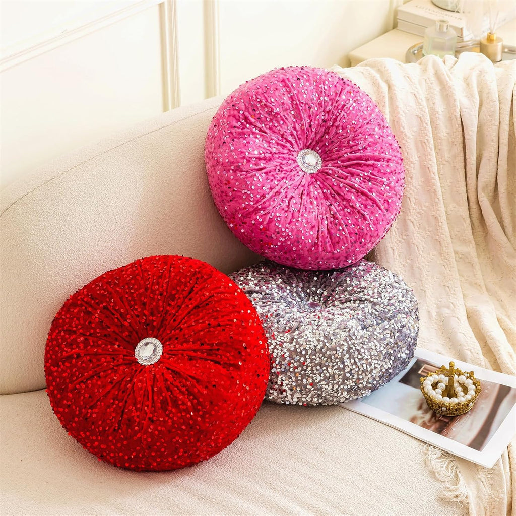 Round Throw Pillow, 13.7" Soft Glitter Sequin Pleated Pumpkin Decorative Round Pillow Circle Floor Pillow Cushions for Sofa Bed Chair Living Room Floor Home Decoration, Rose Red
