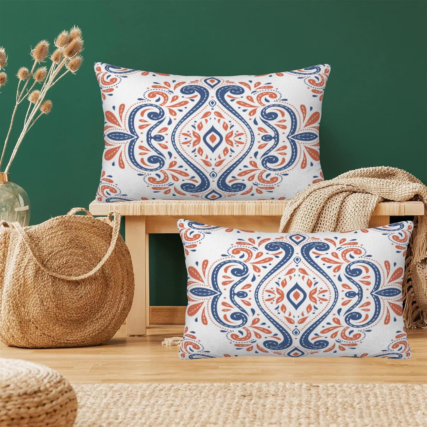 Throw Pillow Covers Blue and Orange Floral Pillow Covers 20x12 Inch Set of 2 Vintage Paisley Throw Pillows Decorative Pillow Cases Cushion Covers for Bedroom Livingroom Sofa Farm House