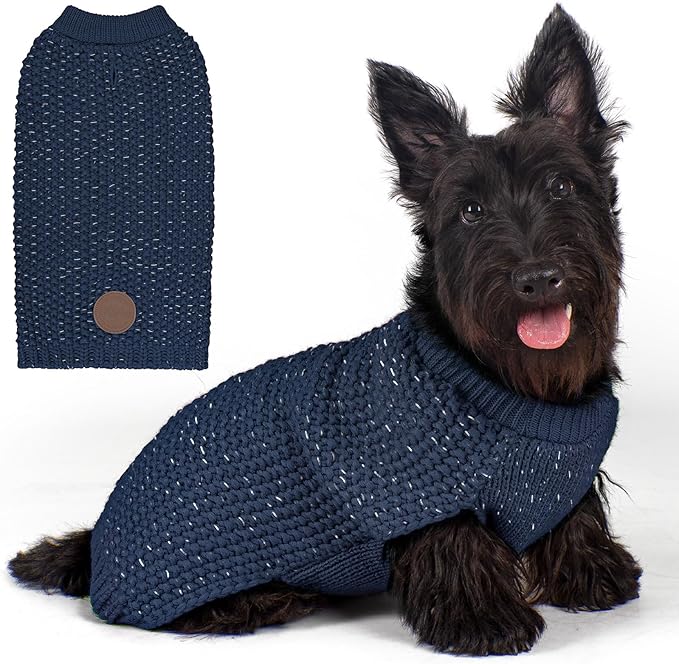 KYEESE Dog Sweater with Leash Hole Warm Pullover with Reflective Yarn for Small and Medium Dogs Male Soft Knit Pullover Boy Dog Coats Cozy Lightweight Thick Sweater,Navy Blue,Medium