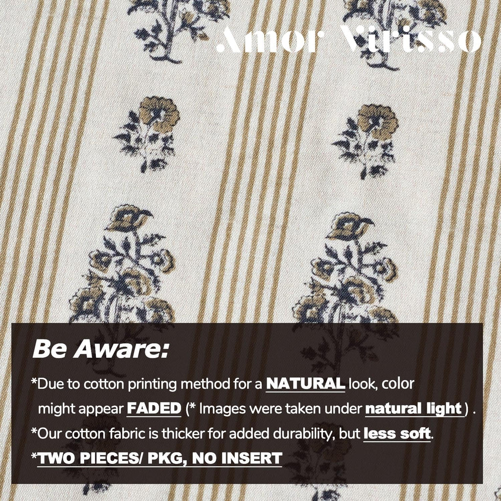 Amor Virisso Floral Throw Pillow Covers 18x18 Set of 2 Block Print Pillow Covers Neutral Floral Striped Farmhouse Decorative Pillow Covers for Sofa Couch Bed, Yellow