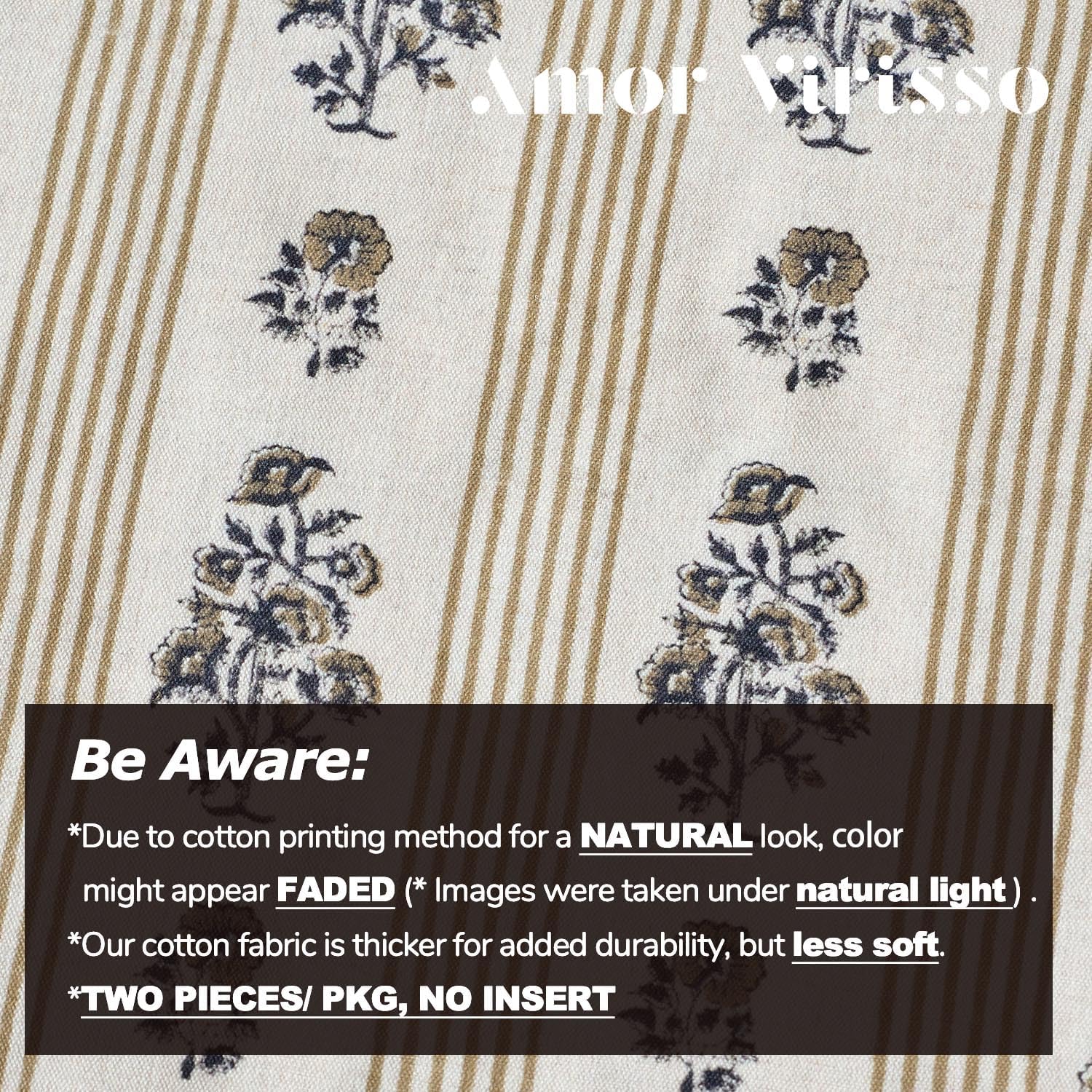 Amor Virisso Floral Throw Pillow Covers 24x24 Set of 2 Block Print Pillow Covers Neutral Floral Striped Farmhouse Decorative Pillow Covers for Sofa Couch Bed, Yellow