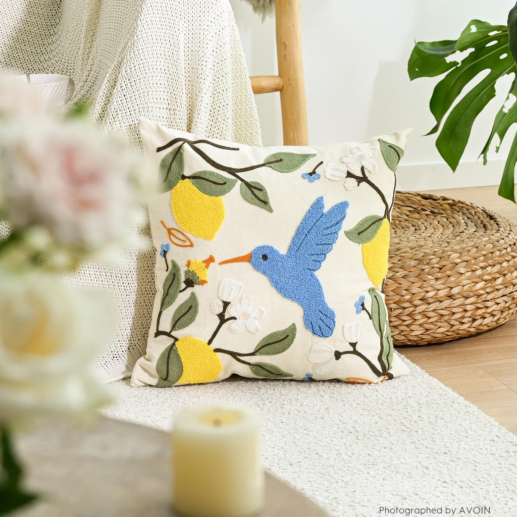 AVOIN colorlife Holiday Floral Embroidered Decorative Throw Pillow Cover, 18 x 18 Inch Bird Lemon Flowers Tufted Patterned Linen Cushion Case for Bedroom Living Room Sofa Couch