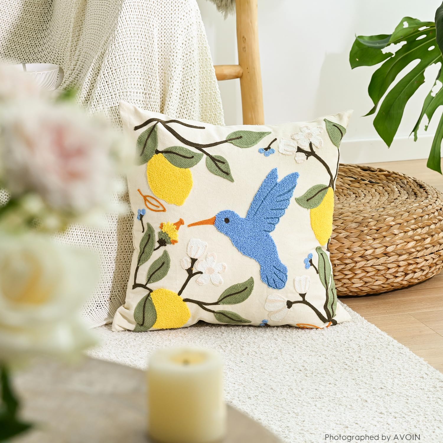 AVOIN colorlife Holiday Floral Embroidered Decorative Throw Pillow Covers Set of 2, 18 x 18 Inch Bird Lemon Flowers Tufted Patterned Linen Cushion Cases for Bedroom Living Room Sofa Couch