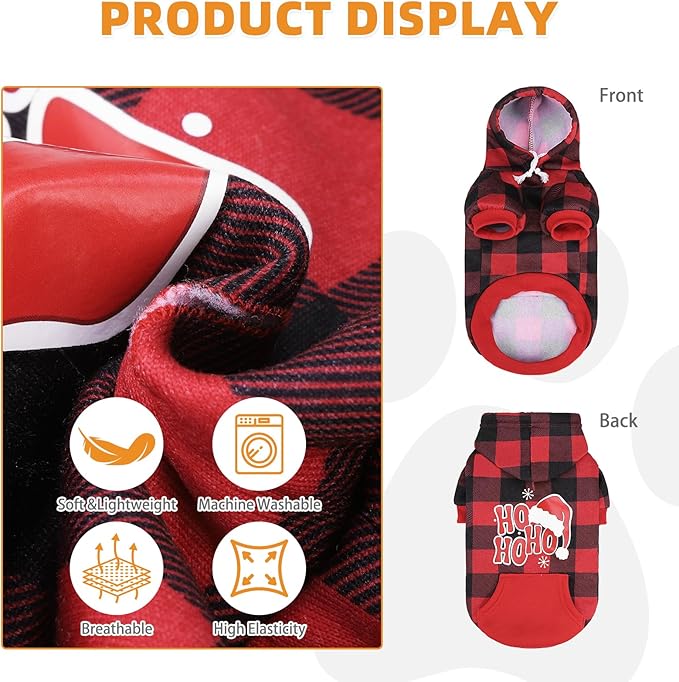 KOOLTAIL Christmas Dog Hoodie, Red Plaid Pet Sweater, Hat Hooded Sweatshirt Dog Clothes for Small Medium Large Dogs Boys Girls, Soft Warm Winter Cold Weather Coat with Leash Hole&Pocket, Santa, M