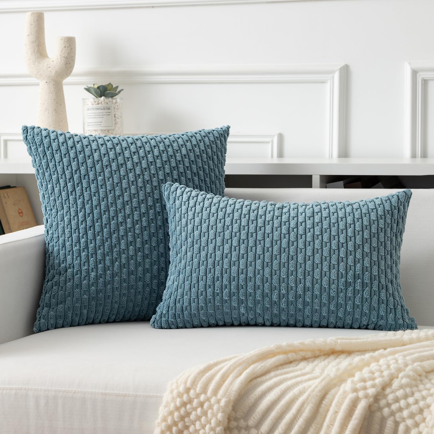 Kevin Textile 12x24 Inch Pillow Cover 1 Pack Boho Decorative Soft Striped Corduroy Lumbar Farmhouse Solid Color Accent Rectangle Cushion Case for Living Room Couch Sofa Bed, Blue Grey