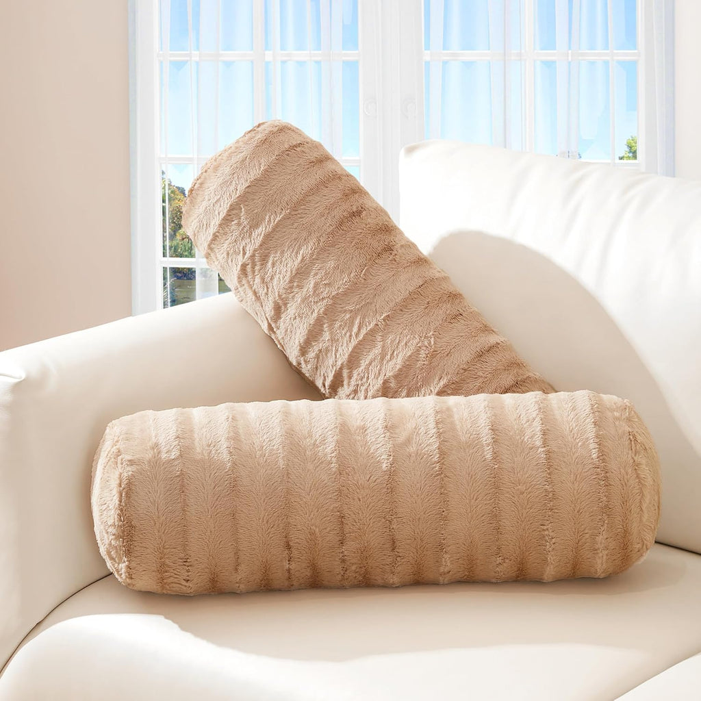 Cheer Collection Faux Fur Bolster Pillows – Soft Decorative Cylinder Pillows for Bed or Couch, Machine Washable – 8” x 24”, Set of 2, Sand