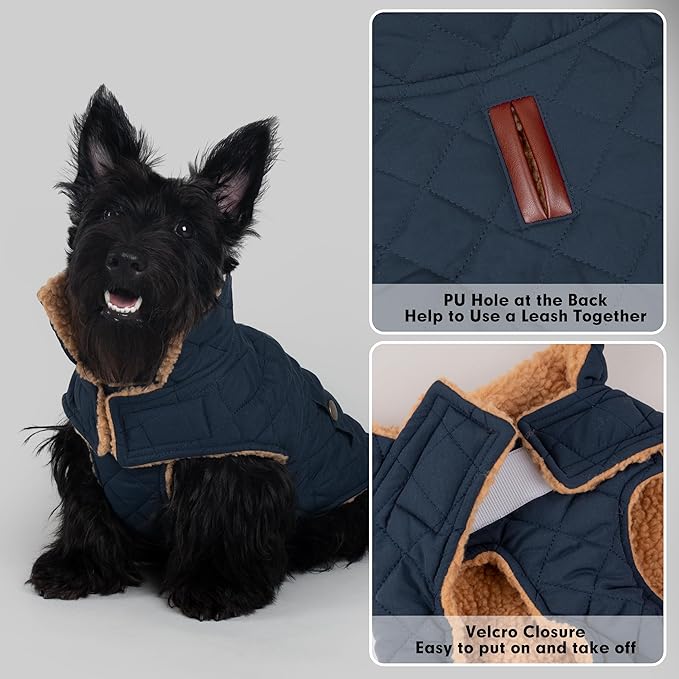 azuza Dog Jacket for Large Dogs Waterproof & Windproof Dog Coat for Small Dogs with Thick Fleece, High Collar with Leash Hole, Adjustable Velcro & Elastic Belly, Navy 3XL