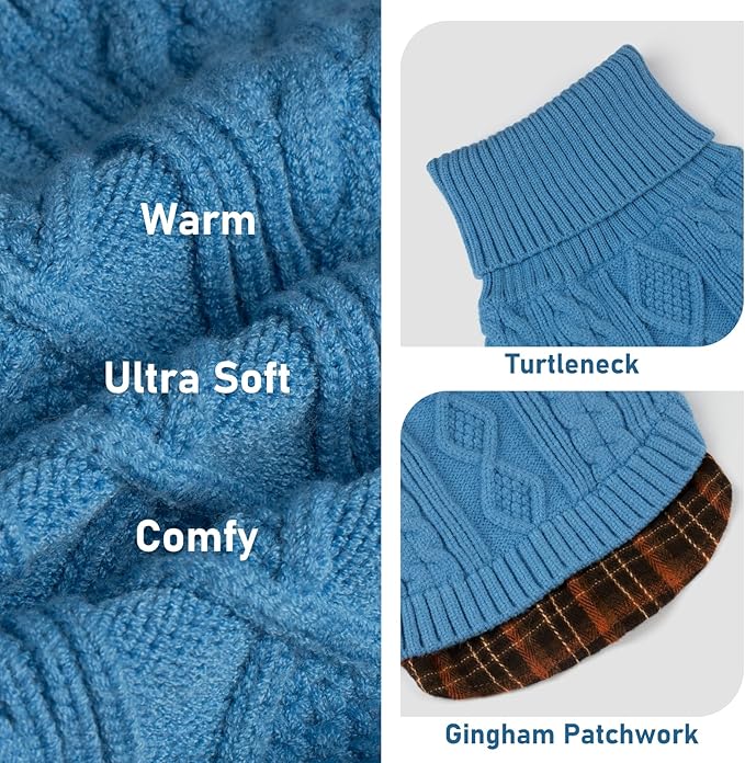 KYEESE Dog Sweater Stretchy Knitwear Cat Clothes with Gingham Patchwork Comfy Pet Coat for Fall Winter Cold Weather Soft Pullover Dog Sweaters for Small Dogs Male Warm Turtleneck Small Dogs Sweater