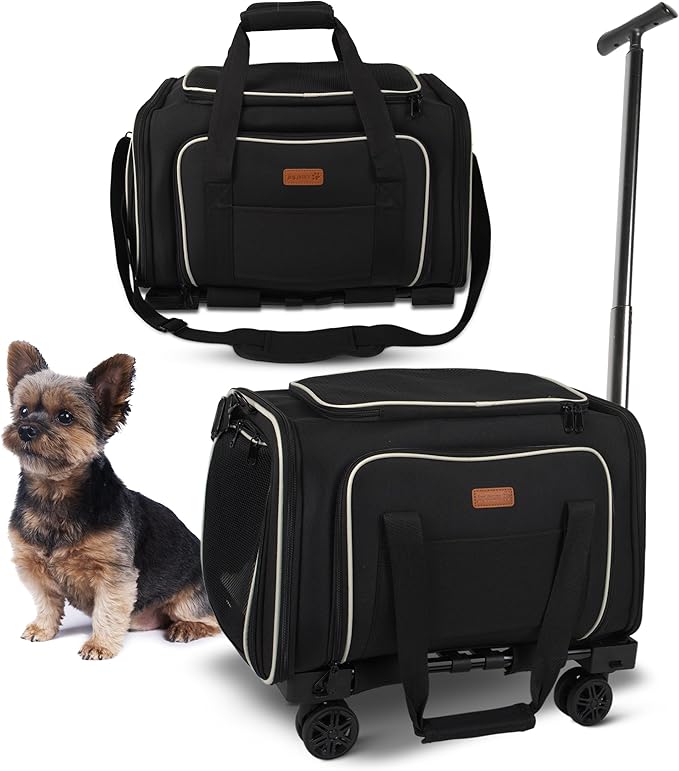 Pet Carrier for Travel - 15 LBS MAX Dogs/Cats Expandable - Airline Approved & Roomy - Premium Pets Carrier with Wheels - Cozy Soft-Lined Travel Carrier - Stylish Black Design