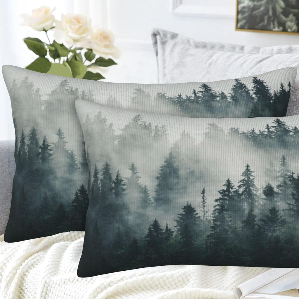 Misty Forest Throw Pillow Cover Case Foggy Forest Throw Pillows Set of 2 Super Soft Pillow Covers 20x12 Inches Farmhouse Home Decor for Living Room Bedroom Sofa Couch Cushion Cover