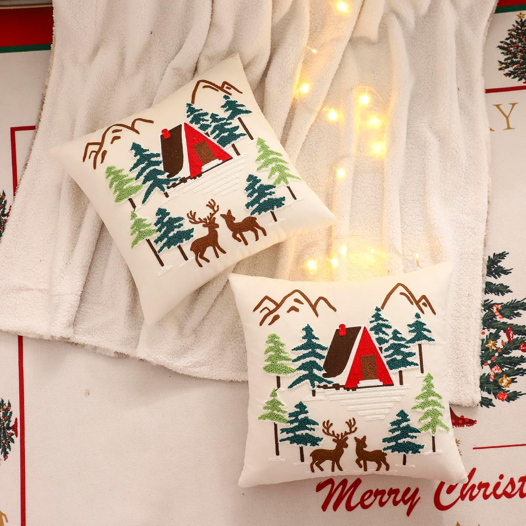 LUOYEHK Christmas Pillow Covers 18x18 Set of 2 House and Deer Decorative Beige Pillow Cases Winter Holiday Velvet Embroidered Cushion Covers for Couch Sofa Bed