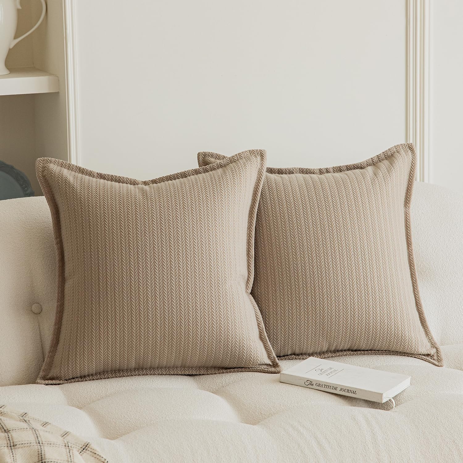 Set of 2 Herringbone Embossed Stripe Flange Throw Pillow Covers for Couch and Bed - 18"x18", Khaki-Green