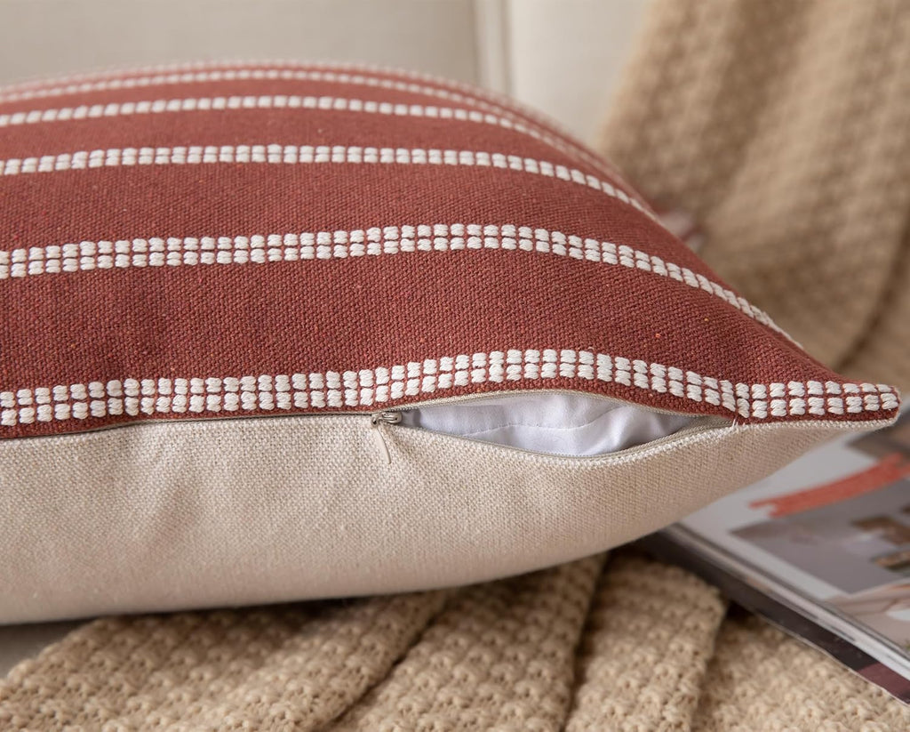 Caflife Boho Fall Throw Pillow Covers 12x20 Set of 2 Soft Farmhouse Decorative Couch Pillow Cases Rust Striped Pillow Covers Neutral Cushion Covers for Sofa Bed Living Room Home Decor