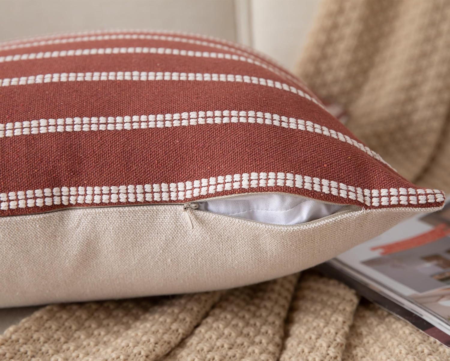 Caflife Boho Throw Pillow Covers 20x20 Set of 2 Soft Farmhouse Decorative Couch Pillow Cases Rust Striped Pillow Covers Neutral Cushion Covers for Sofa Bed Living Room Home Decor