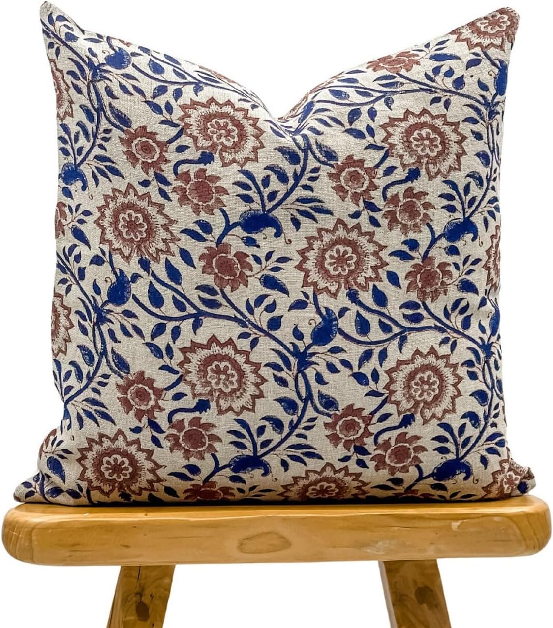 Designer Floral Print on Natural Linen Pillow Cover | Indigo Blue and Rust Brown Pillow | Boho Pillow | Decorative Throw Pillow Covers (Rust/Indigo, 18x18)
