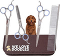 Dog Grooming Scissors Kit - Best Tools for Goldendoodles, Poodles & Doodles - Straight, Curved & Thinning Shears - Golden Doodle Grooming Kit - Professional Grade Steel, 4 Pc Set (Long Silver)