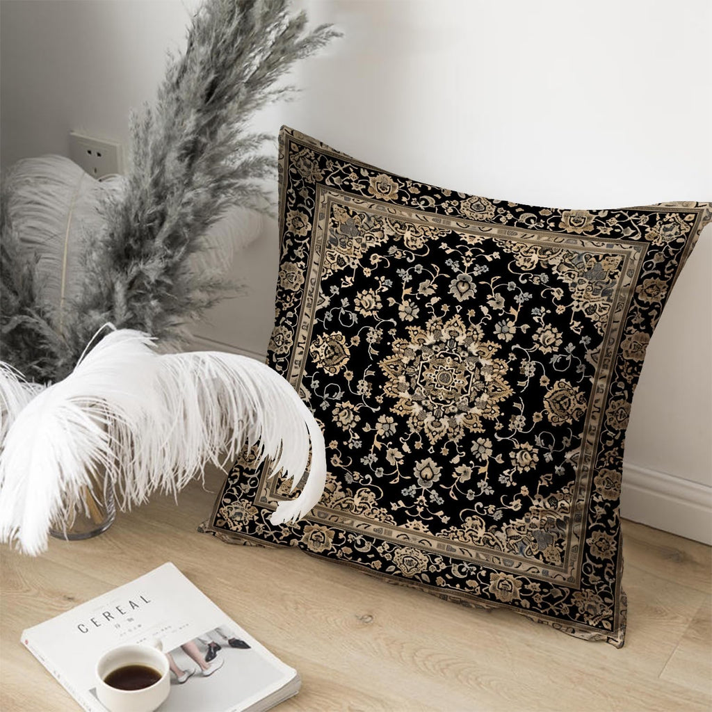 Vintage Boho Floral Print Throw Pillow Cover 18x18 - Brown, Black - Retro Rust Floral Decor Pillowcase | Indoor Outdoor Cushion Case for Sofa Bed Living Room Bedroom Home (Beige&Black, 18x18inch)