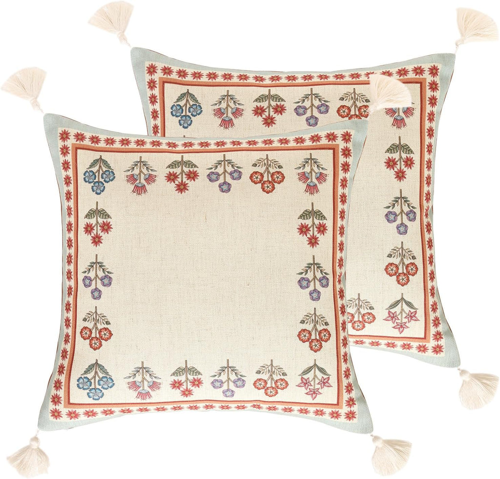 Blue Throw Pillow Covers Set of 2,Cottage Rustic Farmhouse with Wild Flowers Pattern Linen Pillowcases,Decorative Square Pillows Cushion Cover for Couch Sofa Bed Chair Car,18x18 Inches