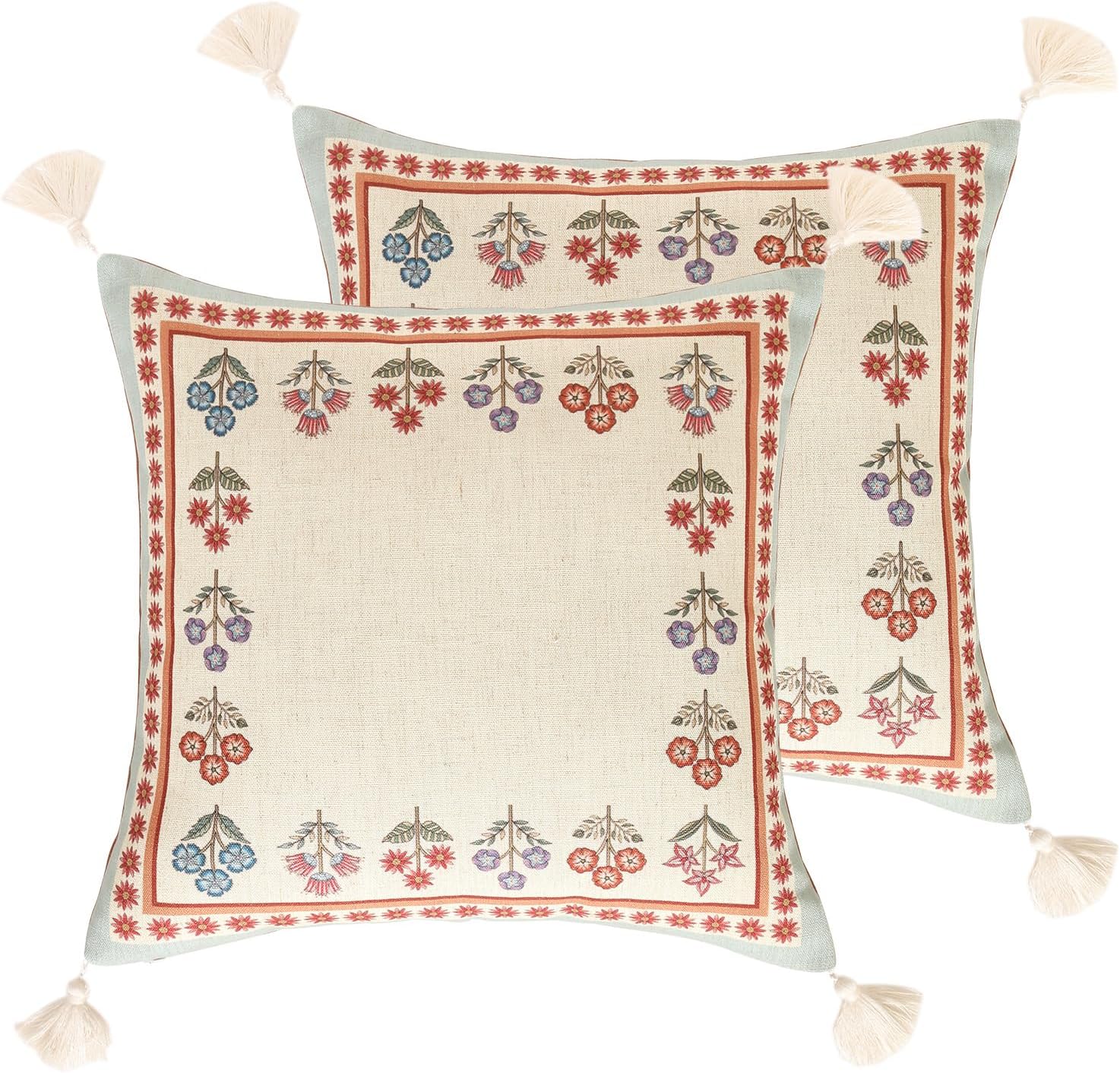 Blue Throw Pillow Covers Set of 2,Cottage Rustic Farmhouse with Wild Flowers Pattern Linen Pillowcases,Decorative Square Pillows Cushion Cover for Couch Sofa Bed Chair Car,18x18 Inches