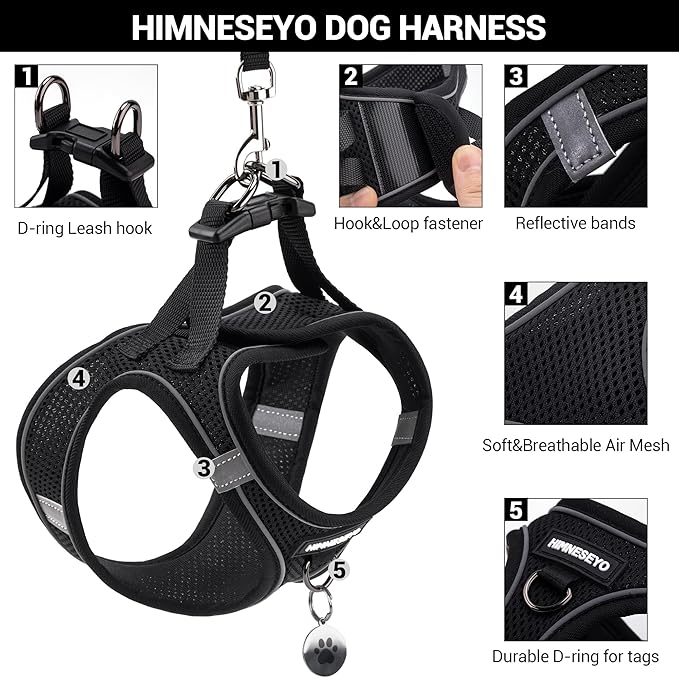 Dog Harness and Leash Set, Dog Harness for Dogs No Pull, No-Chock Step-in Reflective Breathable Lightweight Easy Walk Vest Harnesses with Safety Buckle for Small Medium Dogs, Cats (Black, S)