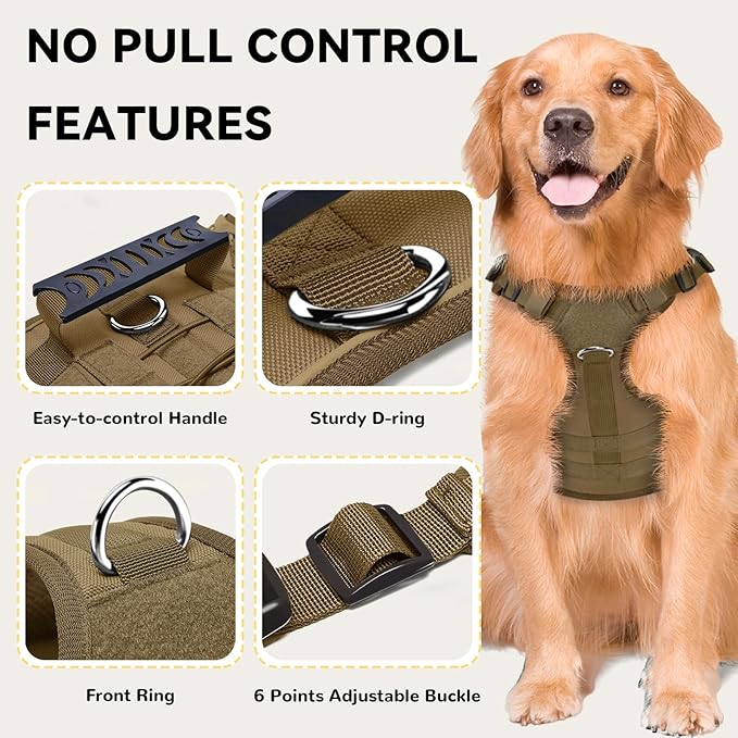 Tactical Dog Harness for Small Dogs,No Pull Dog Harness and Leash Set,Patches,Reflective Function,Dog Vest Harness for Training and Walking,Brown S