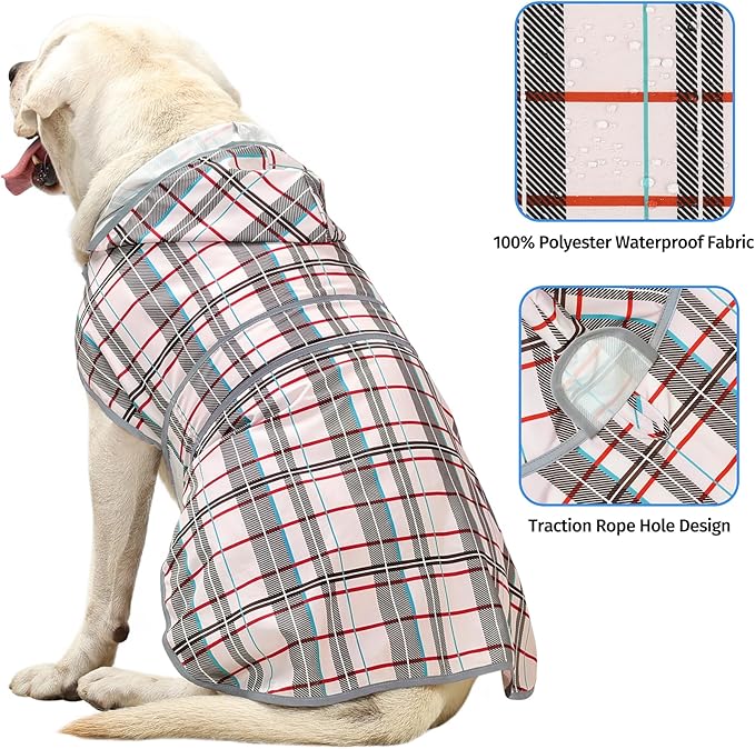 Dog Rain Coat for Large Dogs Waterproof Hooded Rain Jacket with Reflective Strips Leash Hole & Poncho Adjustable Fit (Plaid,XXL)
