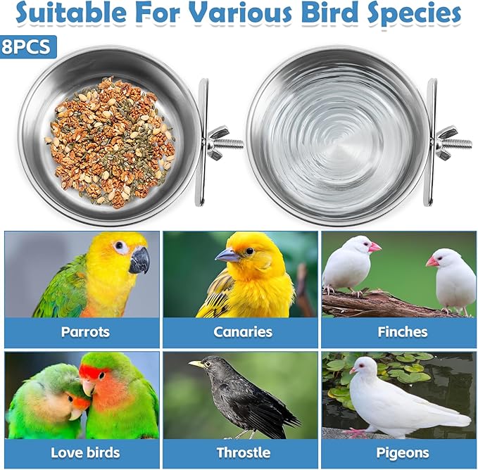 kathson 8 Pack Bird Feeding Dish Cups, Stainless Steel Parrot Feeders Water Cage Bowls with Clamp Holder Bird Feeders for Parakeet Cockatiels Conure Budgies Lovebird Finch and Small Animals