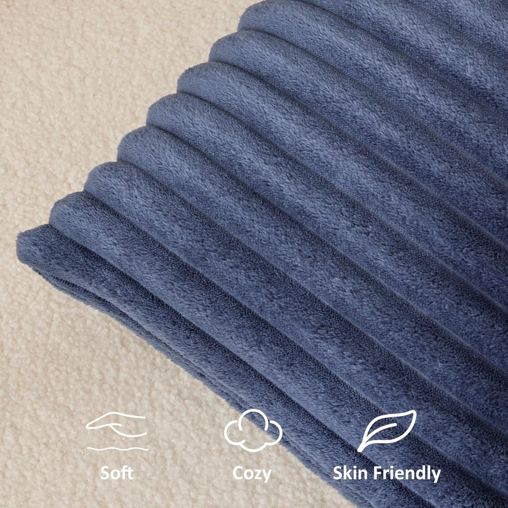 Kevin Textile Soft Plush 12x24 Inch Lumbar Pillow Cover 1 Pack, Luxury Fluffy Faux Fur Striped Flannel Rectangle Cushion Case for Couch Sofa Chair Bed Home Decor, Grey Blue