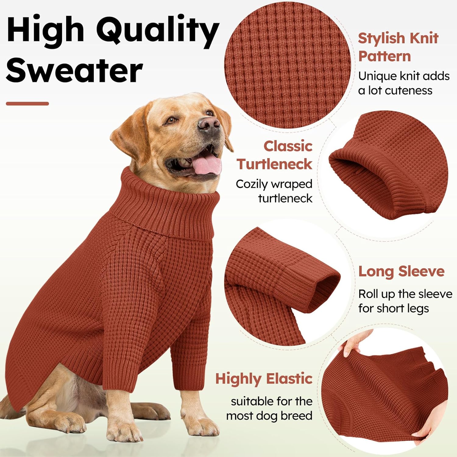 Queenmore XXL Dog Sweater, Large Dog Sweaters for Male Dogs, Turtleneck Plaid Kintsweaters for Large Breeds, Cold Weather Pullover Pet Clothes, Saddle Brown 2XL