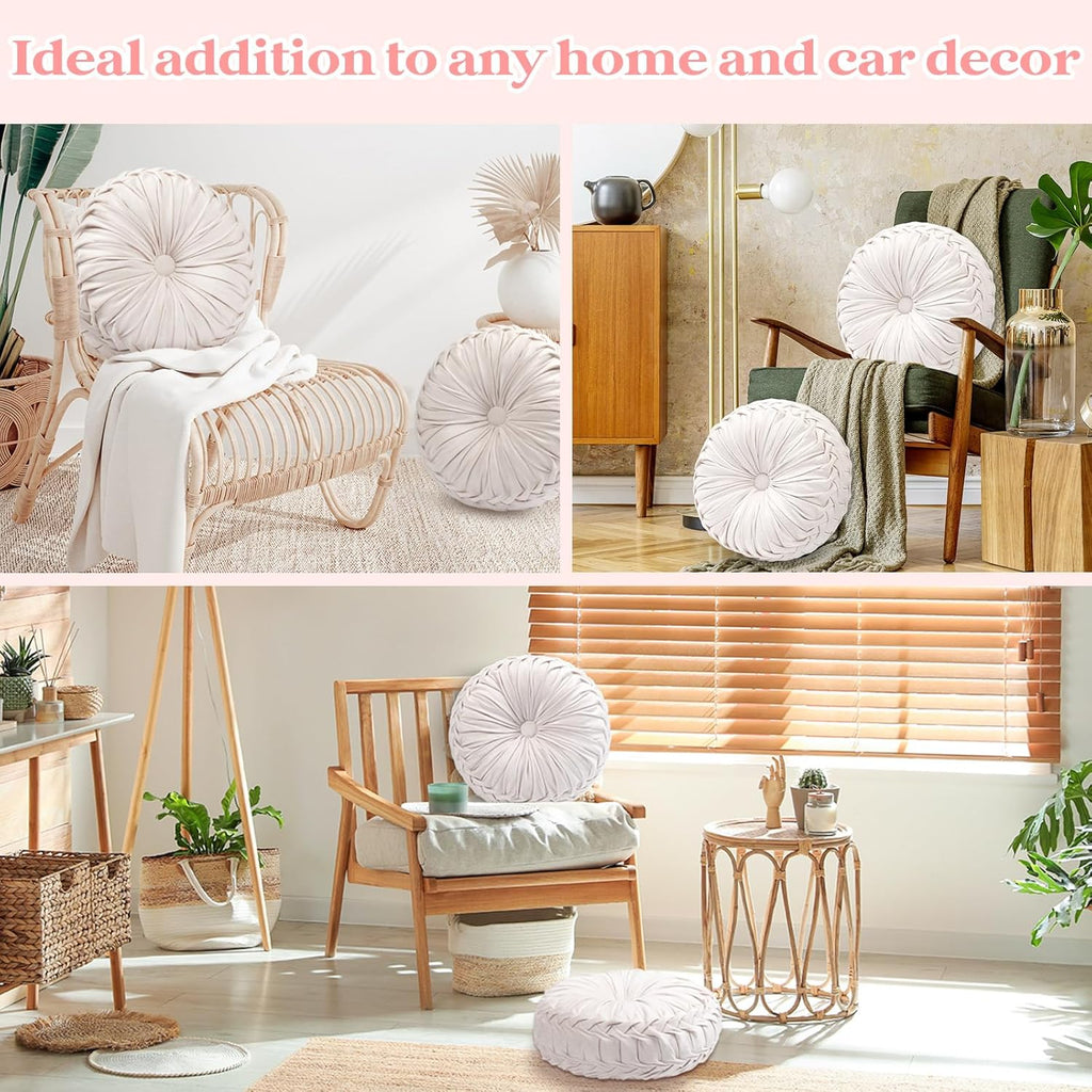 2 Pcs Round Throw Pillows 15 Inch Decorative Velvet Pleated Pumpkin Floor Boho Pillows for Living Room Couch Chair Bed Sofa (Ivory)