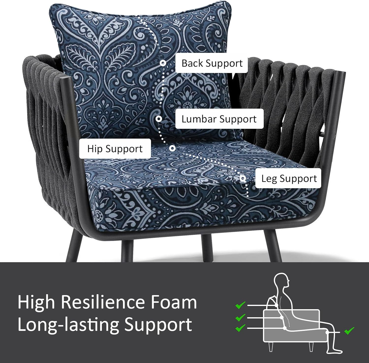 Outdoor Patio Chair Cushions Set, 24" x 24", Set of 2, Water-Repellent, Fade Resistant, Deep Seat Bottom and Back Cushion for Backyard, Couch, Sofa and Patio Furniture, Damask Blue Flower