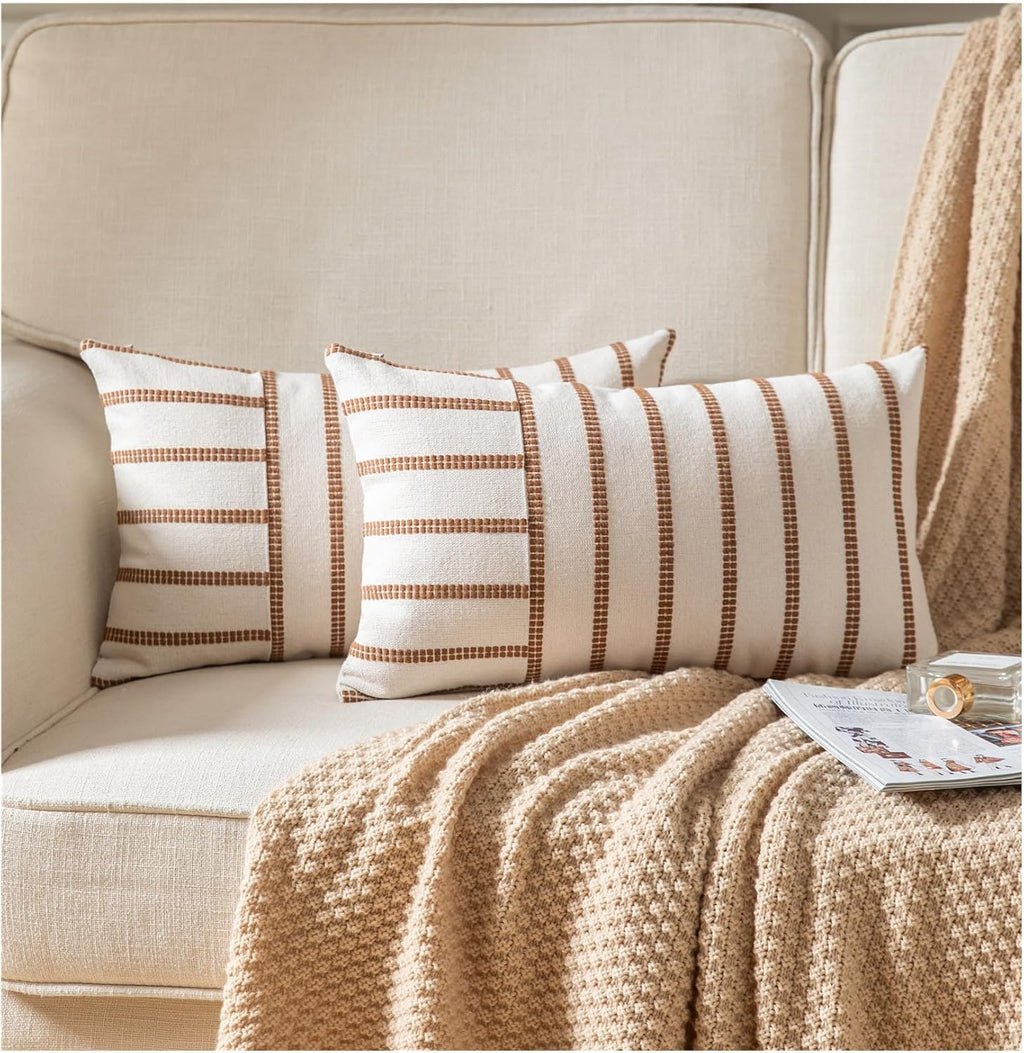 Caflife Boho Throw Pillow Covers 12x20 Set of 2 Soft Farmhouse Decorative Couch Pillow Cases Brown Striped Pillow Covers Neutral Cushion Covers for Sofa Bed Living Room Home Decor